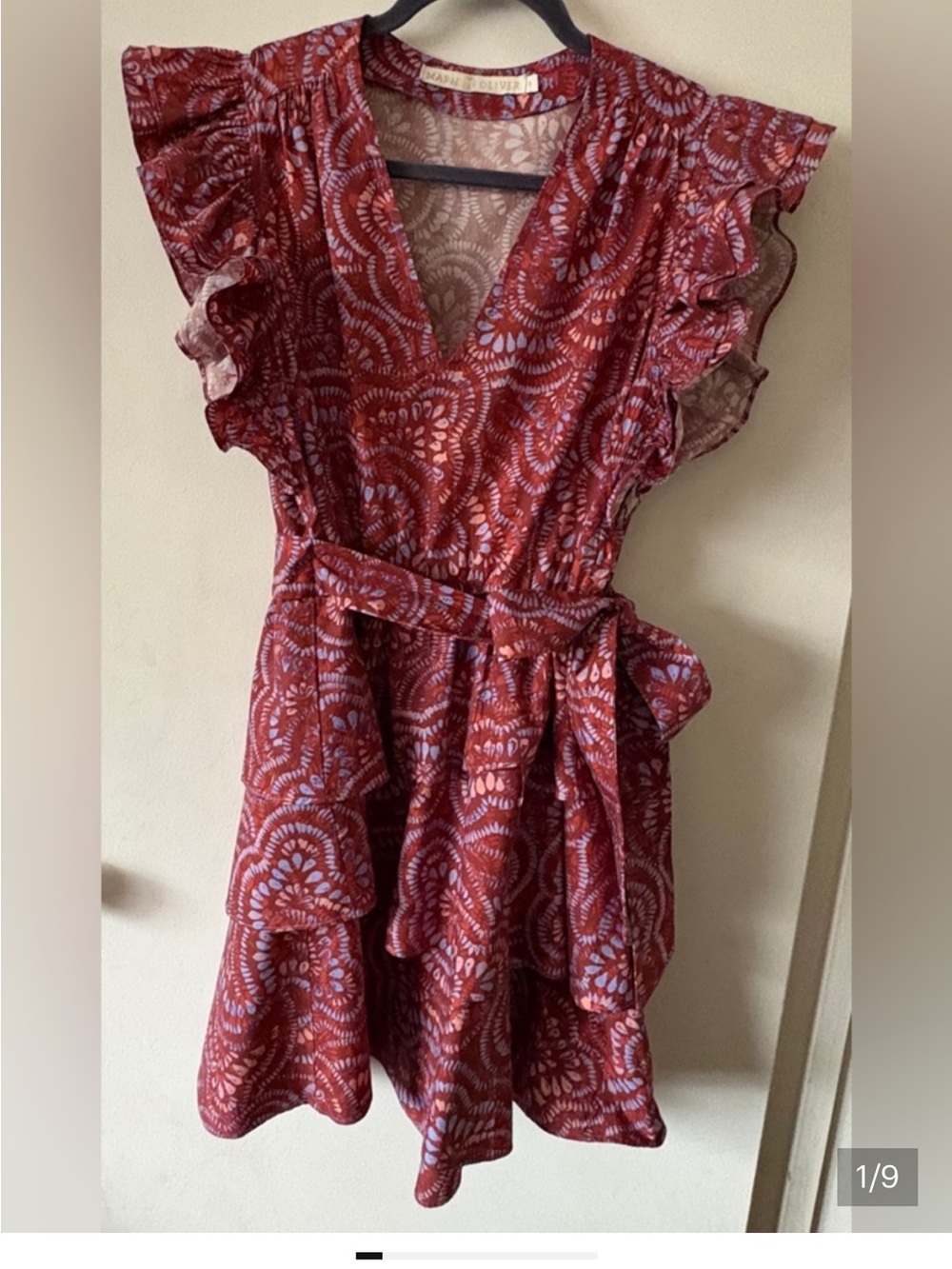 Marie Oliver Red and Lavender Mini Dress with Ruffle Sleeves